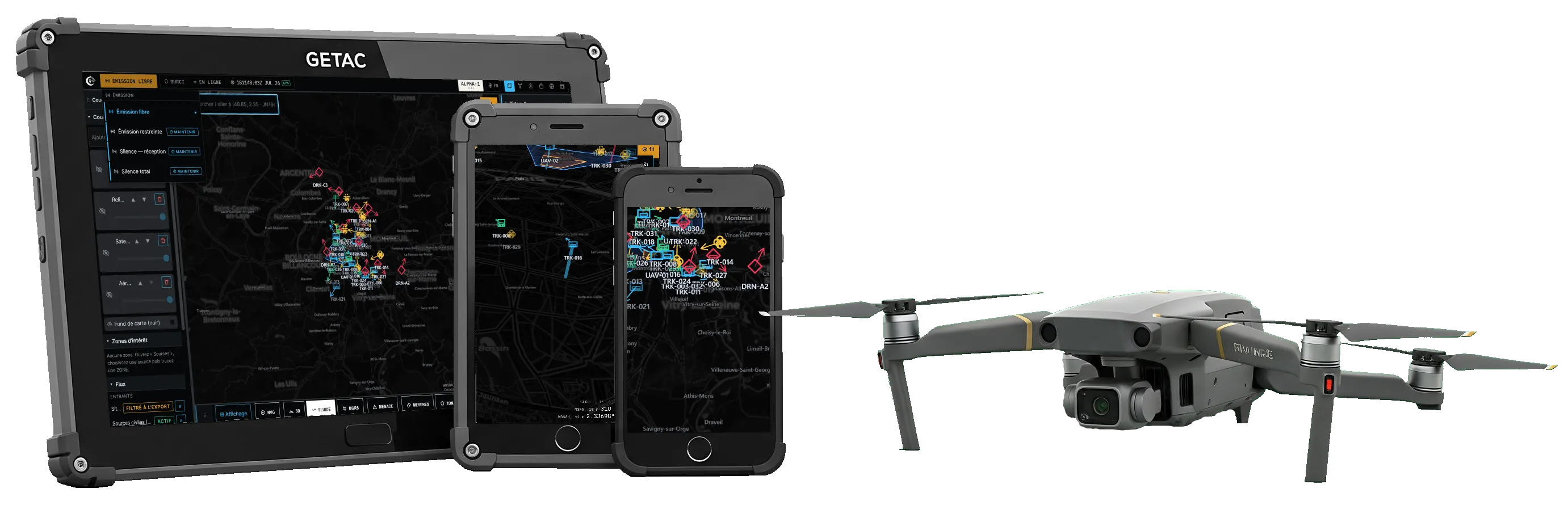 Le socle OC2-Edge déployé sur ses supports : tablette durcie, tablette, smartphone et drone équipé d’une caméra gyrostabilisée.
